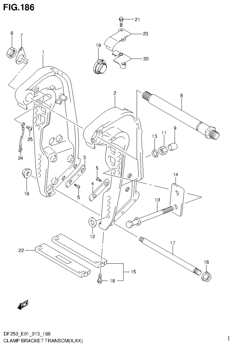 Suzuki DF200T, DF200Z, DF225T, DF225Z, DF250T, DF250Z CLAMP BRACKET TRANSOM(X,XX) (DF225T E40) parts diagram